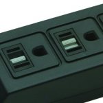 Ultra slim power distribution unit with sliding safety covers in a black finish.