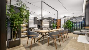 dining room and kitchen with custom modern lighting