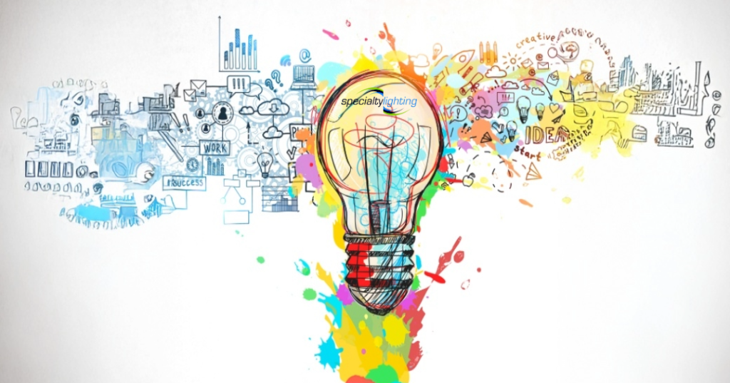 lightbulb sketch with splatter paint and innovation terms such as work and idea