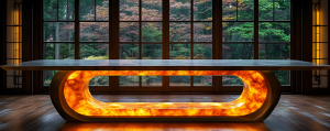 "Modern table with a glowing, sculptural amber-colored base and a sleek stone top, set in a wooden-floored room with large grid-style windows overlooking a lush forest.
