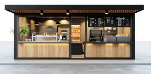 pop up coffee shop with counter that serves coffee and baked goods