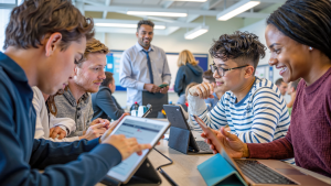 Students and the teacher sitting around a table using tablets in an educational setting