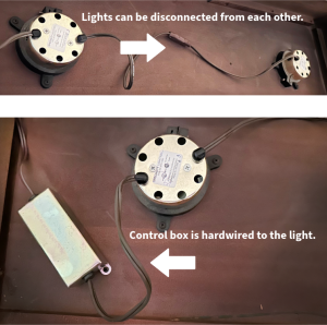lights connected to each other and control box hardwired to the first light
