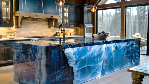 kitchen with blue marble backlit sink is located on island